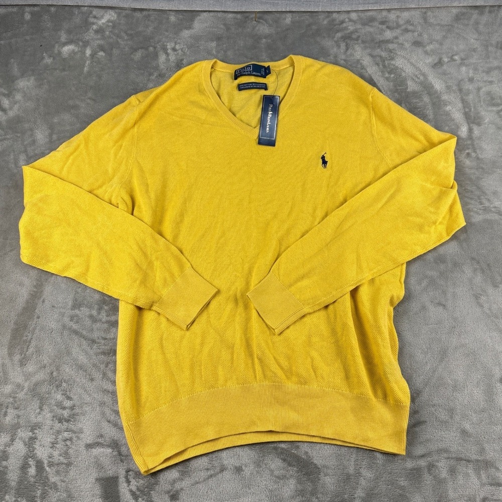 Polo Ralph Lauren Mens V-Neck Sweater Yellow Cotton Cashmere Knit Logo Large NWT